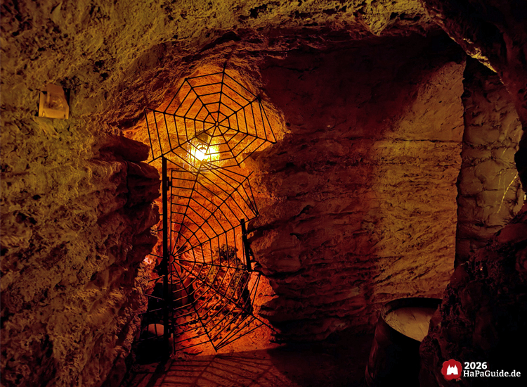 Innenbereich der Bärenhöhle im Hansa-Park mit beleuchtetem Spinnennetz-Tor aus Metall, umgeben von rauen Felswänden und warmem orangefarbenem Licht