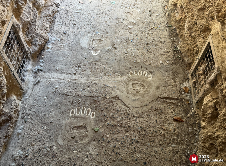 Betonweg mit eingravierten Bärenspuren im Ausgangsbereich der Bärenhöhle im Hansa-Park, umgeben von steinernen Wänden und kleinen Lüftungsgittern
