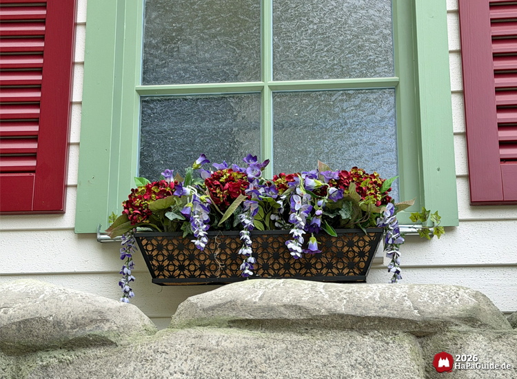Fenster mit grünem Rahmen und roten Fensterläden am Bahnhof des Hansa-Park Cornwall Coasters, darunter ein Blumenkasten mit roten und violetten Blüten über grauen Felsen