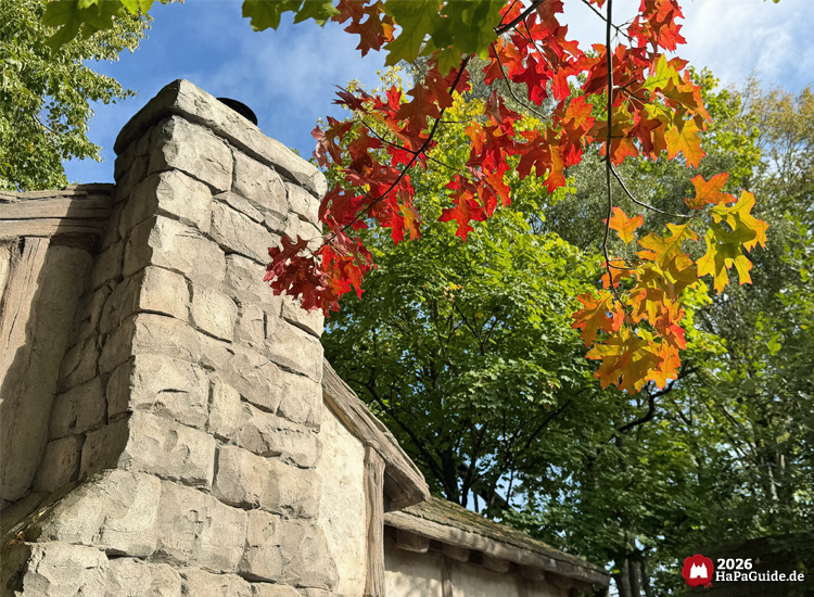 Steinschornstein der Chill-Out-Terrasse Roanoke im Hansa-Park mit herbstlich gefärbten roten und orangefarbenen Ahornblättern im Vordergrund, sonniger Himmel und grüne Bäume im Hintergrund