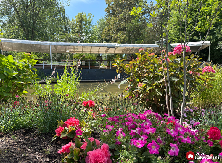Blühender Garten mit pinken und roten Blumen im Vordergrund, dahinter überdachter Bootssteg am Teich der Fernlenkschiffe im Hansa-Park Hansa-Garten, sonniger Sommertag mit grüner Umgebung