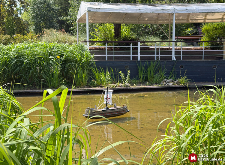 Steuerbare Kogge mit weißem Segel und rotem Kreuz fährt über den Teich im Hansa-Garten, umgeben von hohen Gräsern und Pflanzen, im Hintergrund überdachter Steg