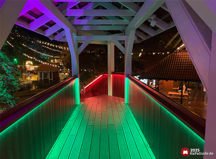 Herbstzauber am Meer - Grün und rot beleuchtete Brücke zur Blumenmeerbootsfahrt