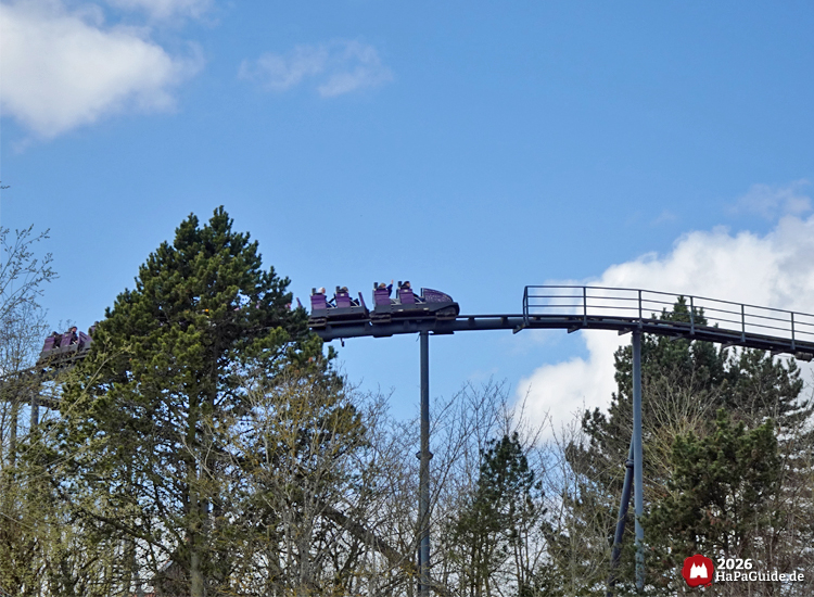 Lila Achterbahnzug von Nessie im Hansa-Park fährt über eine erhöhte Schiene zwischen grünen Bäumen unter blauem Himmel