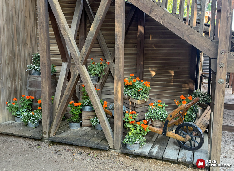 Holztreppe im Westernbereich New Lübeck des Hansa-Parks mit Blumendekoration aus orangefarbenen Ringelblumen und weißen Blüten in Holzfässern und Kisten, daneben ein rustikaler Handkarren